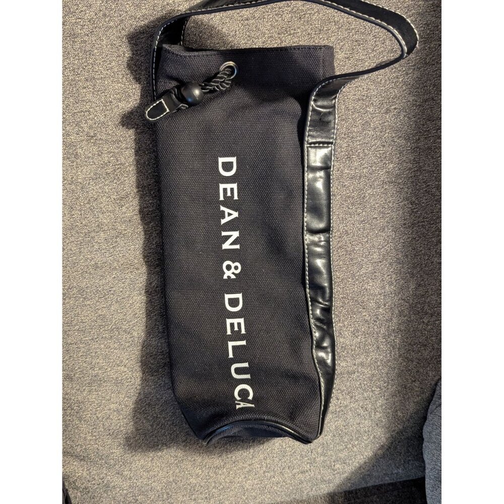 Dean & Deluca Black Canvas & Faux Leather Bottle Tote Bag With Drawstring Closur